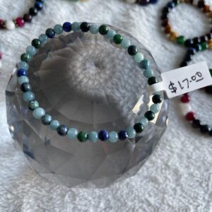 This BLUE and GREEN gemstone bracelet is absolutely stunning as it assists the body to heal the Throat and Heart Energy Centers, also known as Chakras.
