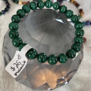 This Malachite bracelet has the healing properties to assist in guarding against radiation and clearing electromagnetic pollution, attuning spiritual guidance, and opening the heart to unconditional love.