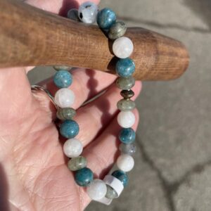 This BLUE Moon Dancing bracelet is absolutely stunning as it assists the body to heal the Throat and Heart Energy Centers, also known as Chakras.