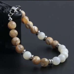 Cream & White Natural Gemstone 8mm Bracelet with Silver Accents & Clasp