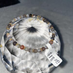 This Botswana Agate bracelet contains a comfort stone, beneficial in overcoming depression, and strengthening during a grieving process. It helps alleviate obsessive thoughts and destructive mental patterns, and assists in overcoming fears, such as agoraphobia and panic attacks in crowded places.
