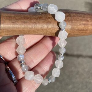 Faceted ROSE QUARTZ & Labradorite Sphere & Small AB Crystal Disc 8mm Energy Bracelet