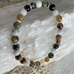 This Yellow & INDIGO Tiger's Eye & Moonstone Bracelet may assist the body with the following healing needs:• Regulating the circulatory system, soothing abdominal pain, and strengthening bones• Aiding in healing broken bones, improving eyesight, and enhancing overall physical strength and endurance• Promoting empowerment, intuition, strategy, and wisdom• Balancing and harmonizing the energies of the Solar Plexus Chakra, enhancing self-worth, personal power, and confidence• Acting as a protective shield and promoting courage and confidence.